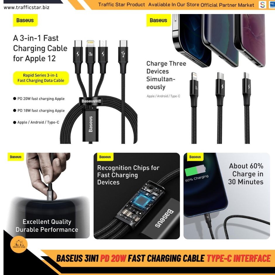 Baseus 3in1 PD 20W Fast Charging Cable Type-C Charging