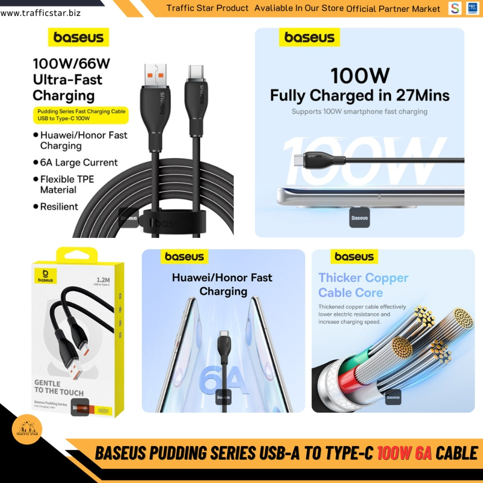 Baseus Pudding Series Fast Charging Cable With High-Speed Data Transmission USB-A to Type-C 100W 6A 1.2M