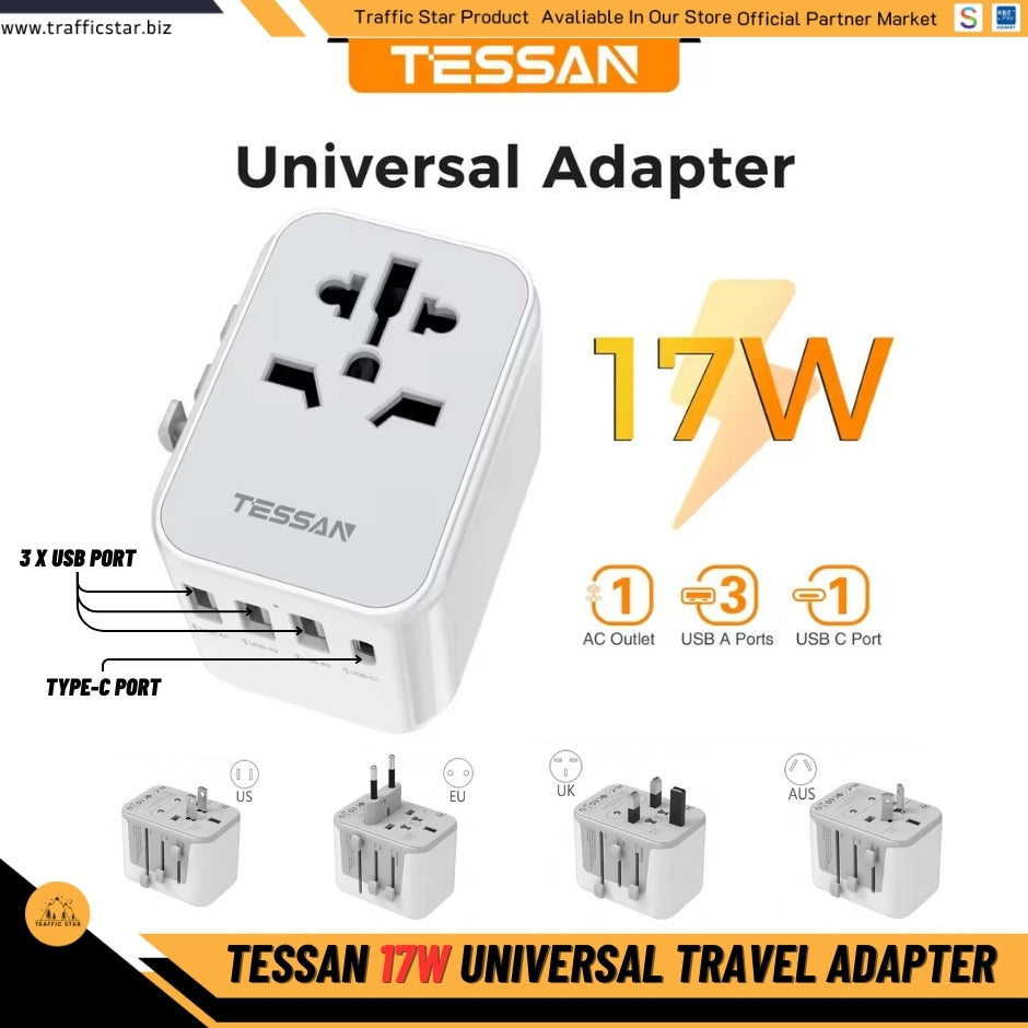 TESSAN Universal Travel Adapter Plug with 3 USB Ports and 1 Type C, All-in-one Wall Charger for US EU UK AUS Travel