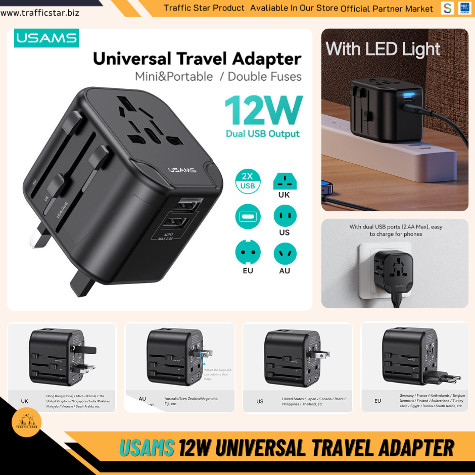 USAMS 12W Universal Travel Adapter Fast Charge With UK/US/EU/AU Plus Worldwide Travel Plug 2USB