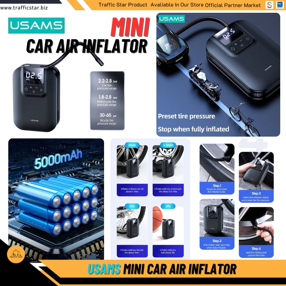 USAMS Mini Car Air Compressor Digital Tire Inflator Pump Inflatable 5000mAh Battery Auto Tire Pump For Car Bicycle Motorcycle