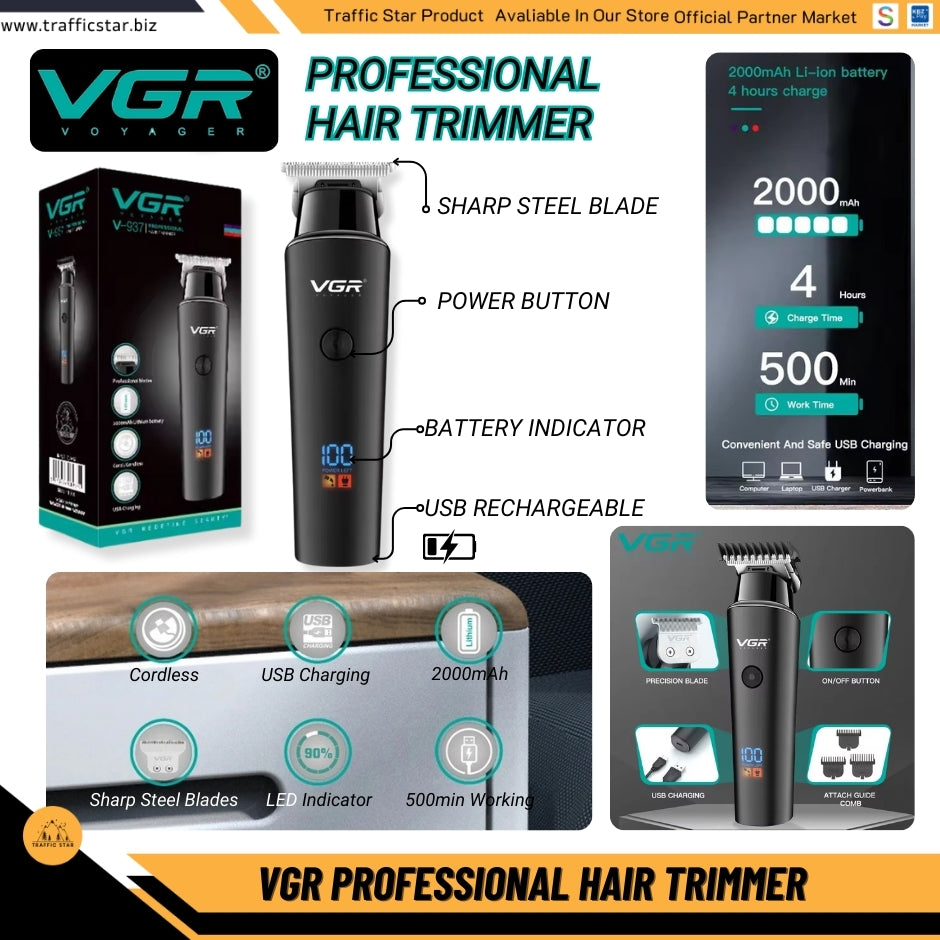 VGR Hair Trimmer 0mm LED Hair Clipper V-937 Digital Display USB Rechargeable