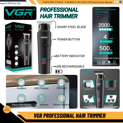 VGR Hair Trimmer 0mm LED Hair Clipper V-937 Digital Display USB Rechargeable