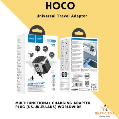 Hoco AC5 2 USB + 1Socket Universal Travel Adapter With Plug Conversion