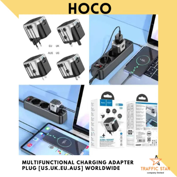 Hoco AC5 2 USB + 1Socket Universal Travel Adapter With Plug Conversion