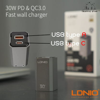 LDNIO Home Charger 30W Charger QC3.0 2 USB-C + 1 USB-A  USB-C PD 30W Fast Charging